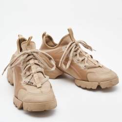 Pre Owned Dior Beige Nylon and Leather D-Connect Lace Up Sneakers Size 37.5