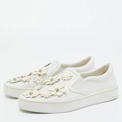 Pre Owned Dior White Leather Daisy Flower Embellished Slip On Sneakers Size 37.5