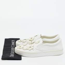 Pre Owned Dior White Leather Daisy Flower Embellished Slip On Sneakers Size 37.5