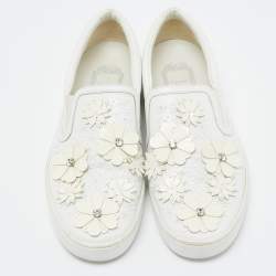 Pre Owned Dior White Leather Daisy Flower Embellished Slip On Sneakers Size 37.5