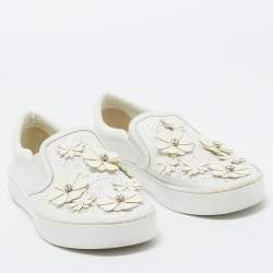 Pre Owned Dior White Leather Daisy Flower Embellished Slip On Sneakers Size 37.5