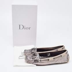 Dior Metallic Grey/Pink Python Embossed Leather CD Slip Loafers 38.5