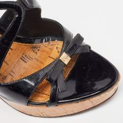 Pre Owned Christian Dior Black Patent Leather Dior Starlet Cork Wedge Sandals Size 39