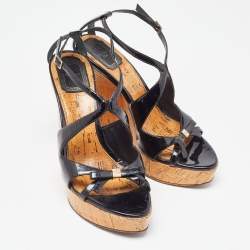Pre Owned Christian Dior Black Patent Leather Dior Starlet Cork Wedge Sandals Size 39
