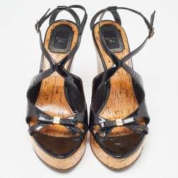 Pre Owned Christian Dior Black Patent Leather Dior Starlet Cork Wedge Sandals Size 39
