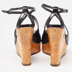 Pre Owned Christian Dior Black Patent Leather Dior Starlet Cork Wedge Sandals Size 39