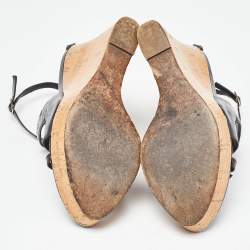 Pre Owned Christian Dior Black Patent Leather Dior Starlet Cork Wedge Sandals Size 39