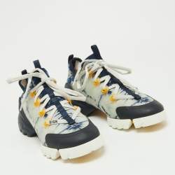 Dior Navy Blue/Yellow Printed Fabric and PVC D-Connect Sneakers Size 37