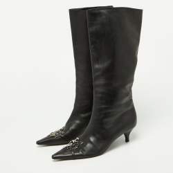 Pre Owned Dior Black Leather Logo Mid Calf Boots Size 39