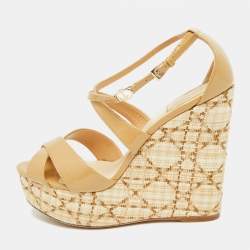 Dior Beige Patent Leather Wedge Ankle Strap Sandals Size 37