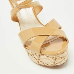 Dior Beige Patent Leather Wedge Ankle Strap Sandals Size 37