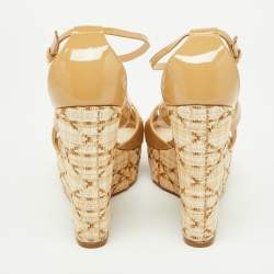 Dior Beige Patent Leather Wedge Ankle Strap Sandals Size 37