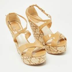 Dior Beige Patent Leather Wedge Ankle Strap Sandals Size 37