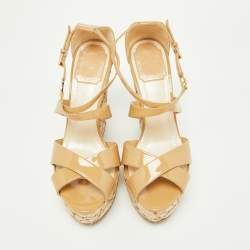 Dior Beige Patent Leather Wedge Ankle Strap Sandals Size 37