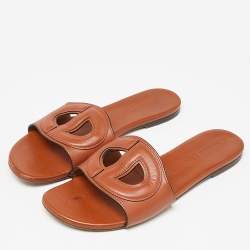 Dior Tan Leather D-Club Flat Slides Size 37