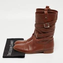 Pre Owned Dior Brown Leather Buckle Midcalf Boots Size 39.5