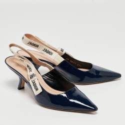 Dior Navy Blue Patent Leather J'adior Slingback Pumps Size 37.5