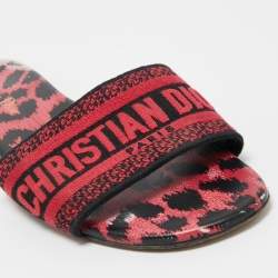 Dior Red Leopard Print Leather and Canvas Dway Slide Flats Size 38.5