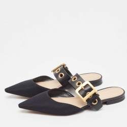 Dior Black Canvas and Leather D-Dior Flat Mules Size 38.5