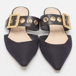 Dior Black Canvas and Leather D-Dior Flat Mules Size 38.5