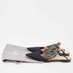 Pre Owned Dior Black Fabric and Leather J'adior Pointed Toe Ankle Wrap Flats Size 39