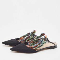 Pre Owned Dior Black Fabric and Leather J'adior Pointed Toe Ankle Wrap Flats Size 39