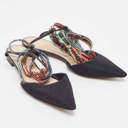 Pre Owned Dior Black Fabric and Leather J'adior Pointed Toe Ankle Wrap Flats Size 39