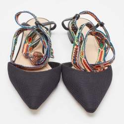 Pre Owned Dior Black Fabric and Leather J'adior Pointed Toe Ankle Wrap Flats Size 39