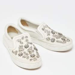 Pre Owned Dior White Leather and Canvas Crystal Embellished Slip On Sneakers Size 36