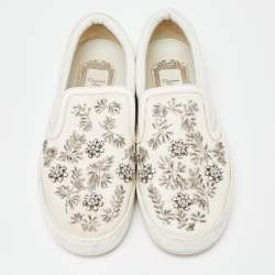 Pre Owned Dior White Leather and Canvas Crystal Embellished Slip On Sneakers Size 36