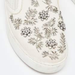 Pre Owned Dior White Leather and Canvas Crystal Embellished Slip On Sneakers Size 36