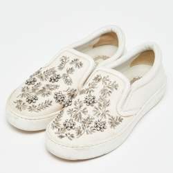 Pre Owned Dior White Leather and Canvas Crystal Embellished Slip On Sneakers Size 36