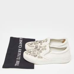Pre Owned Dior White Leather and Canvas Crystal Embellished Slip On Sneakers Size 36