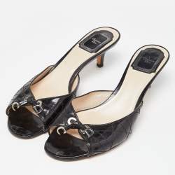 Dior Black Cannage Patent Leather Buckle Open Toe Sandals Size 38.5