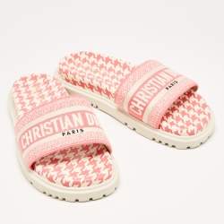 Pre Owned Dior Pink/White Logo Embroidered Canvas Houndstooth Dway Slides Size 38