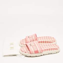 Pre Owned Dior Pink/White Logo Embroidered Canvas Houndstooth Dway Slides Size 38