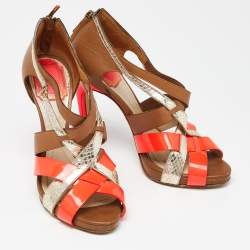 Dior Tricolor Leather and Embossed Snakeskin Strappy Sandals Size 37