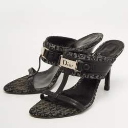Dior Navy Blue Canvas Logo Slide Sandals Size 37