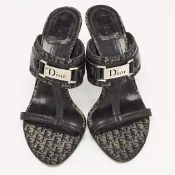 Dior Navy Blue Canvas Logo Slide Sandals Size 37