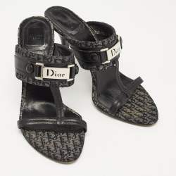 Dior Navy Blue Canvas Logo Slide Sandals Size 37