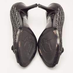 Pre Owned Dior Black/Grey Leather and Canvas Peep Toe Pumps Size 36.5