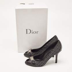 Pre Owned Dior Black/Grey Leather and Canvas Peep Toe Pumps Size 36.5
