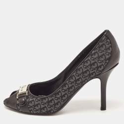 Pre Owned Dior Black/Grey Leather and Canvas Peep Toe Pumps Size 36.5