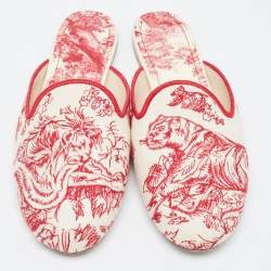 Pre Owned Dior Red/Beige Embroidered Canvas Toile De Jouy Flat Mules Size 41