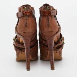 Christian Dior Brown Croc Embossed and Leather  Lace Up Boots Size 35