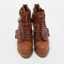 Christian Dior Brown Croc Embossed and Leather  Lace Up Boots Size 35