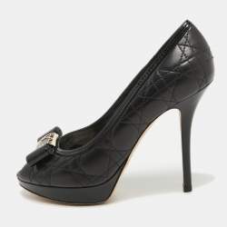 Pre Owned Dior Black Cannage Leather Bow Peep Toe Pumps Size 39
