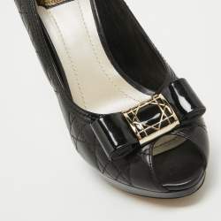 Pre Owned Dior Black Cannage Leather Bow Peep Toe Pumps Size 39