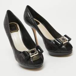 Pre Owned Dior Black Cannage Leather Bow Peep Toe Pumps Size 39