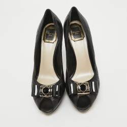 Pre Owned Dior Black Cannage Leather Bow Peep Toe Pumps Size 39